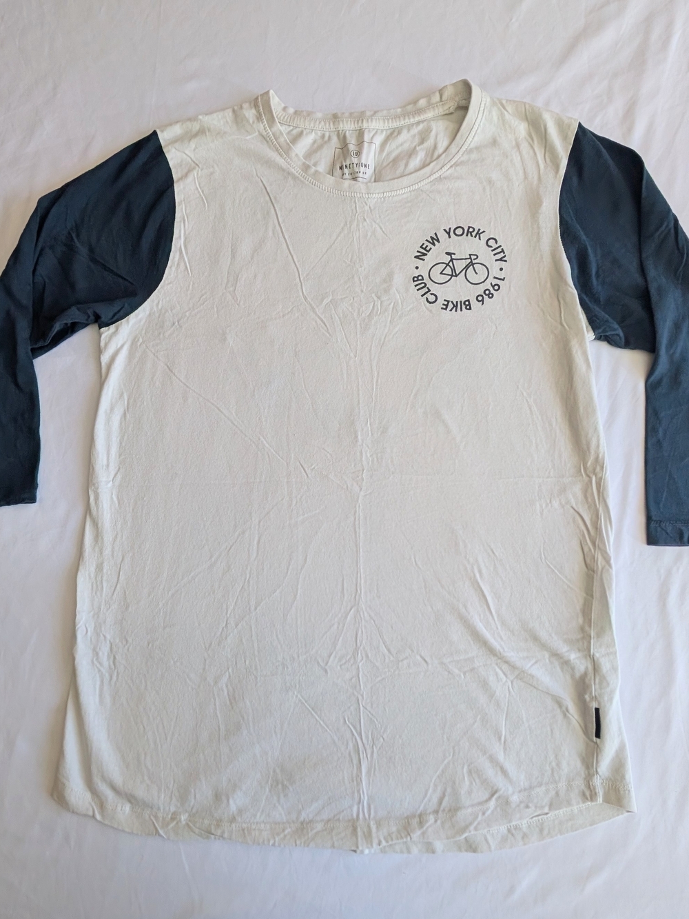 1986 NYC Bike Club Long Sleeve Raglan Tee - White with Navy Sleeves